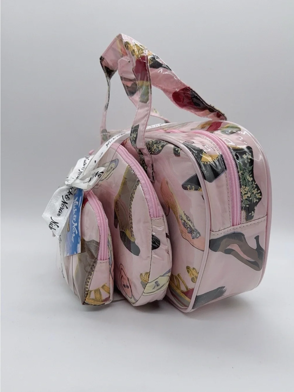 Nick & Nora vintage Pink Shoe-Print Cosmetic/trabel Bag Trio NWT